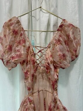 Floral Lace-Up Puff Sleeve Women’s dress - Blush Pink
